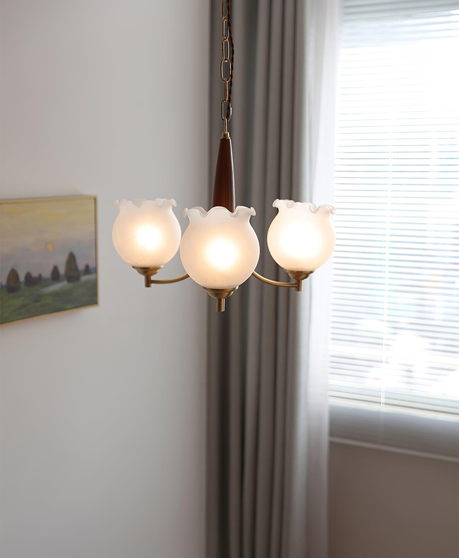 Aminex Chandelier Tulip Glass Wood Brass Vintage-Neutral Decor