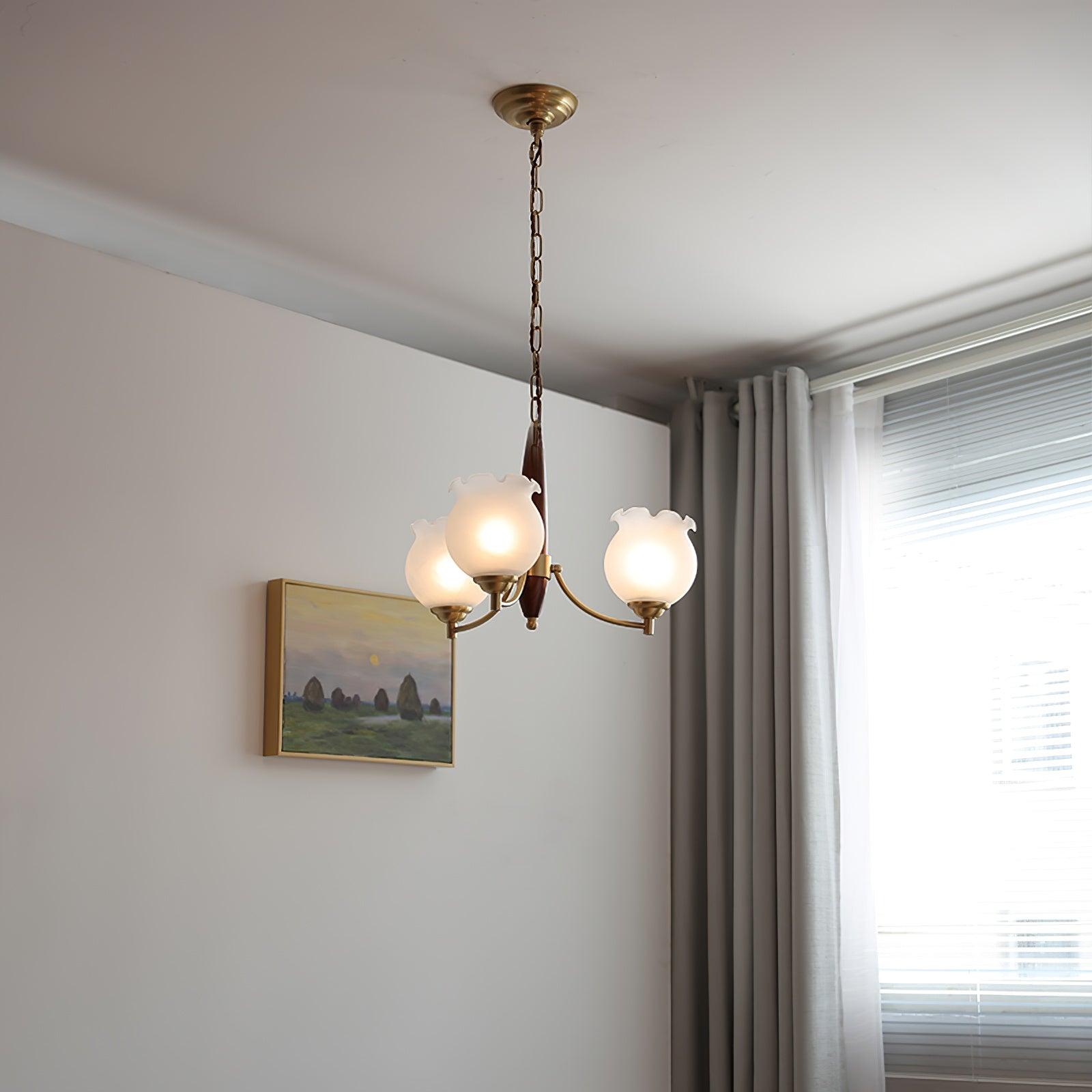 Aminex Chandelier Tulip Glass Wood Brass Vintage-Neutral Decor