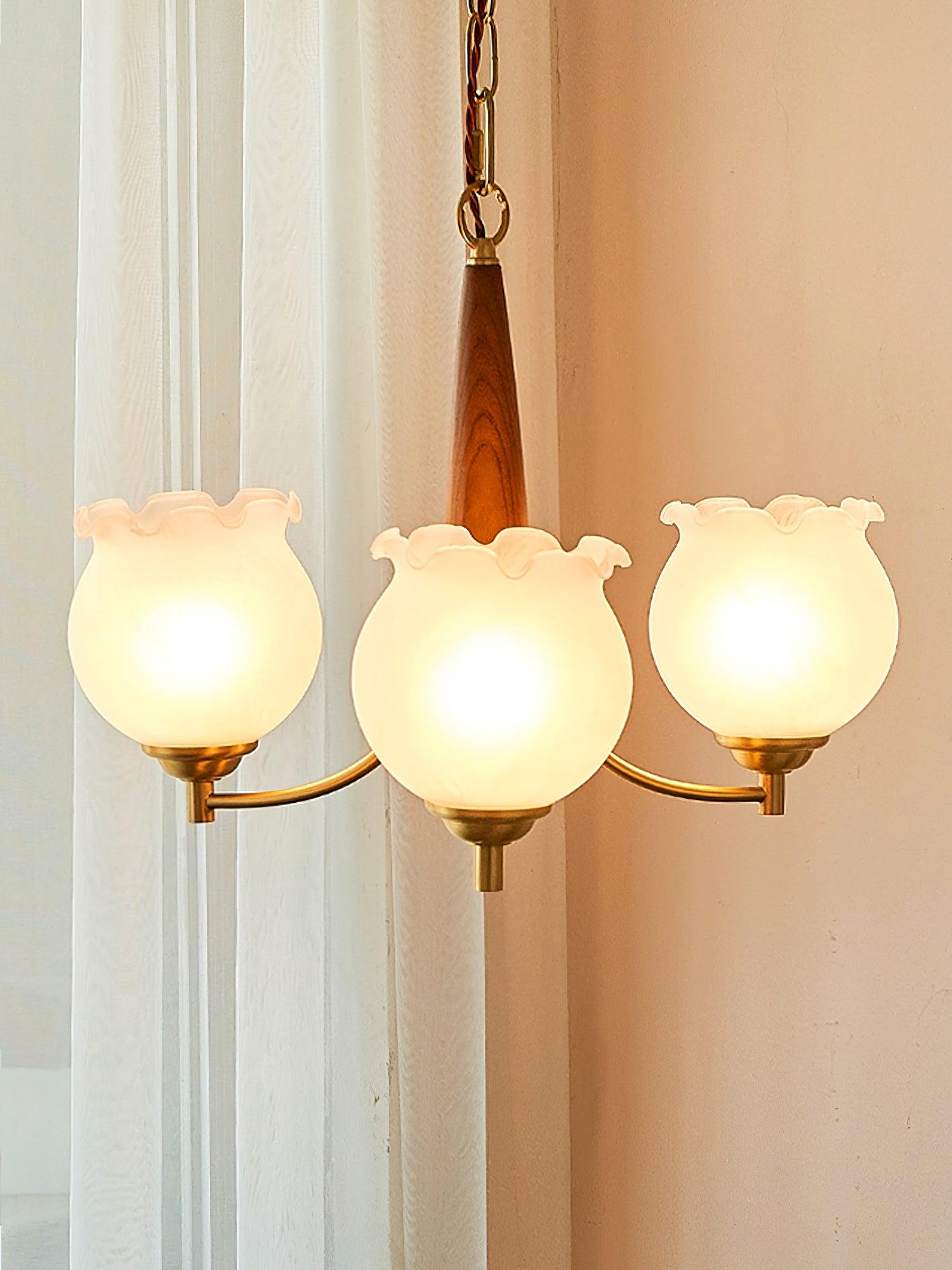 Aminex Chandelier Tulip Glass Wood Brass Vintage-Neutral Decor