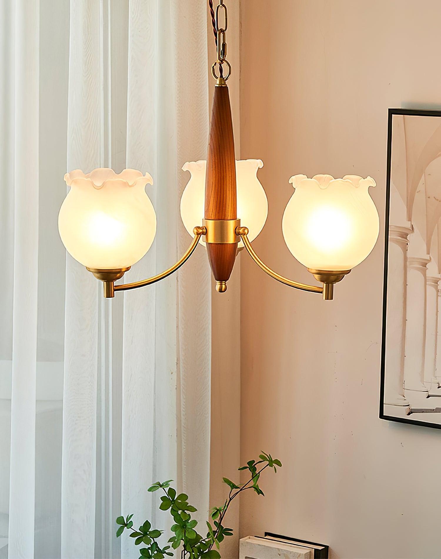 Aminex Chandelier Tulip Glass Wood Brass Vintage-Neutral Decor