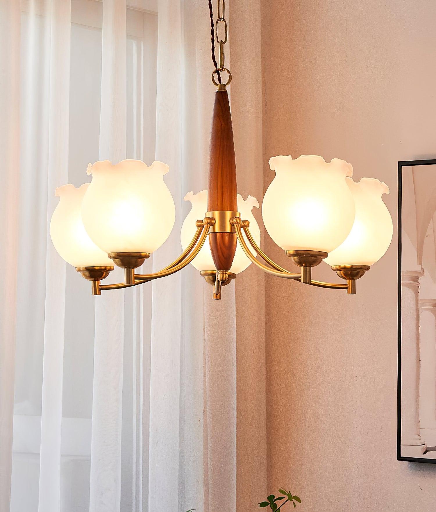 Aminex Chandelier Tulip Glass Wood Brass Vintage-Neutral Decor