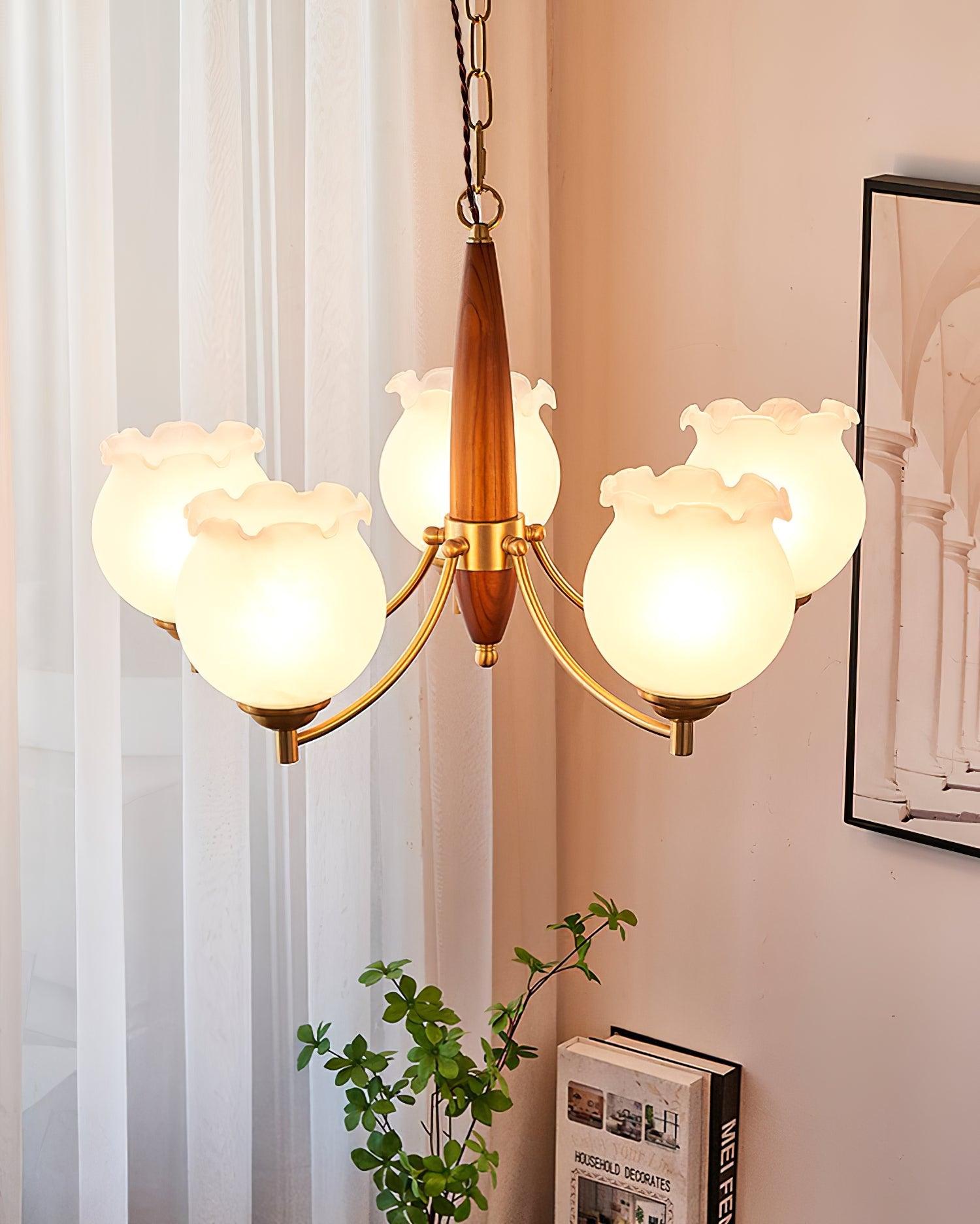 Aminex Chandelier Tulip Glass Wood Brass Vintage-Neutral Decor