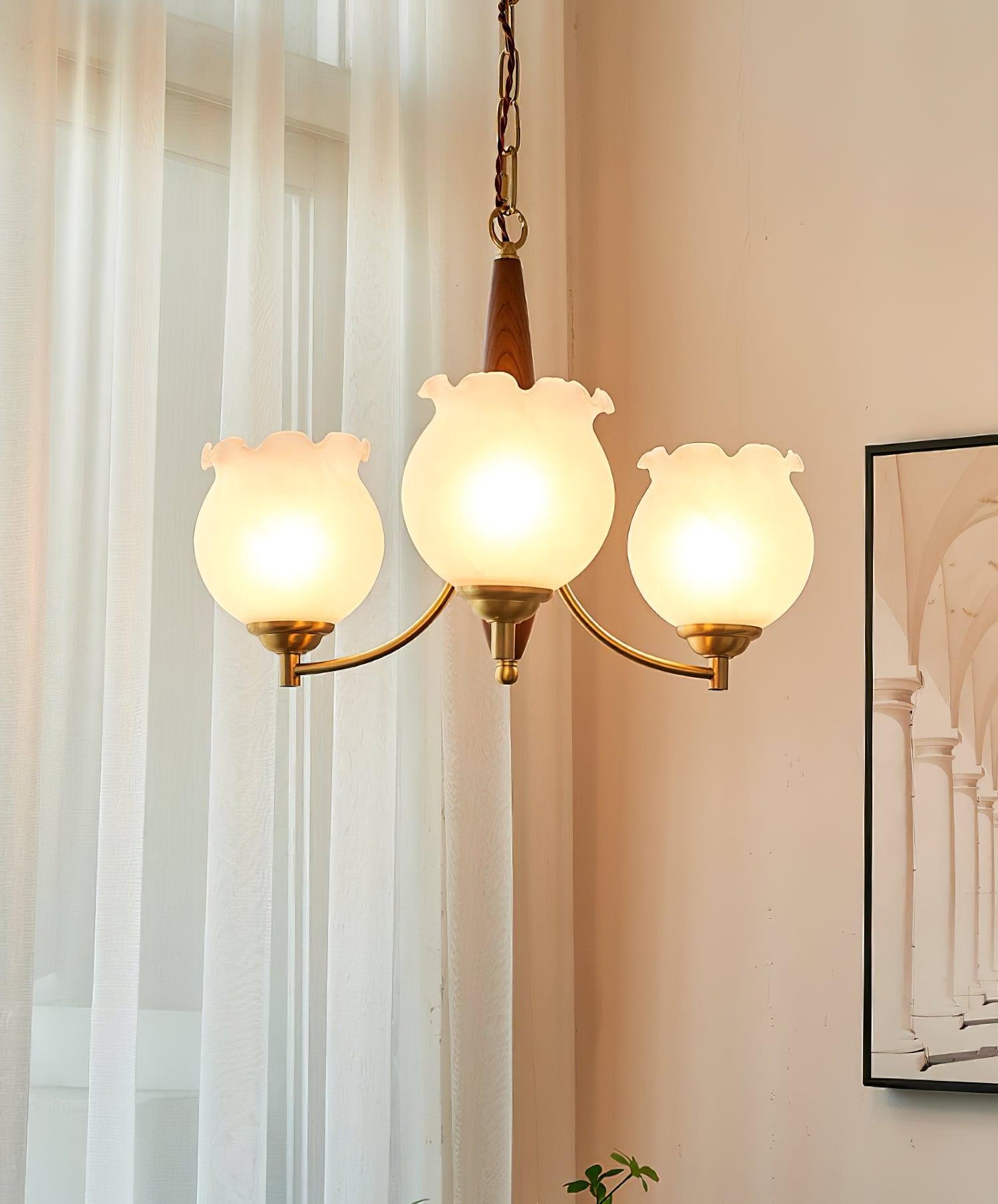 Aminex Chandelier Tulip Glass Wood Brass Vintage-Neutral Decor
