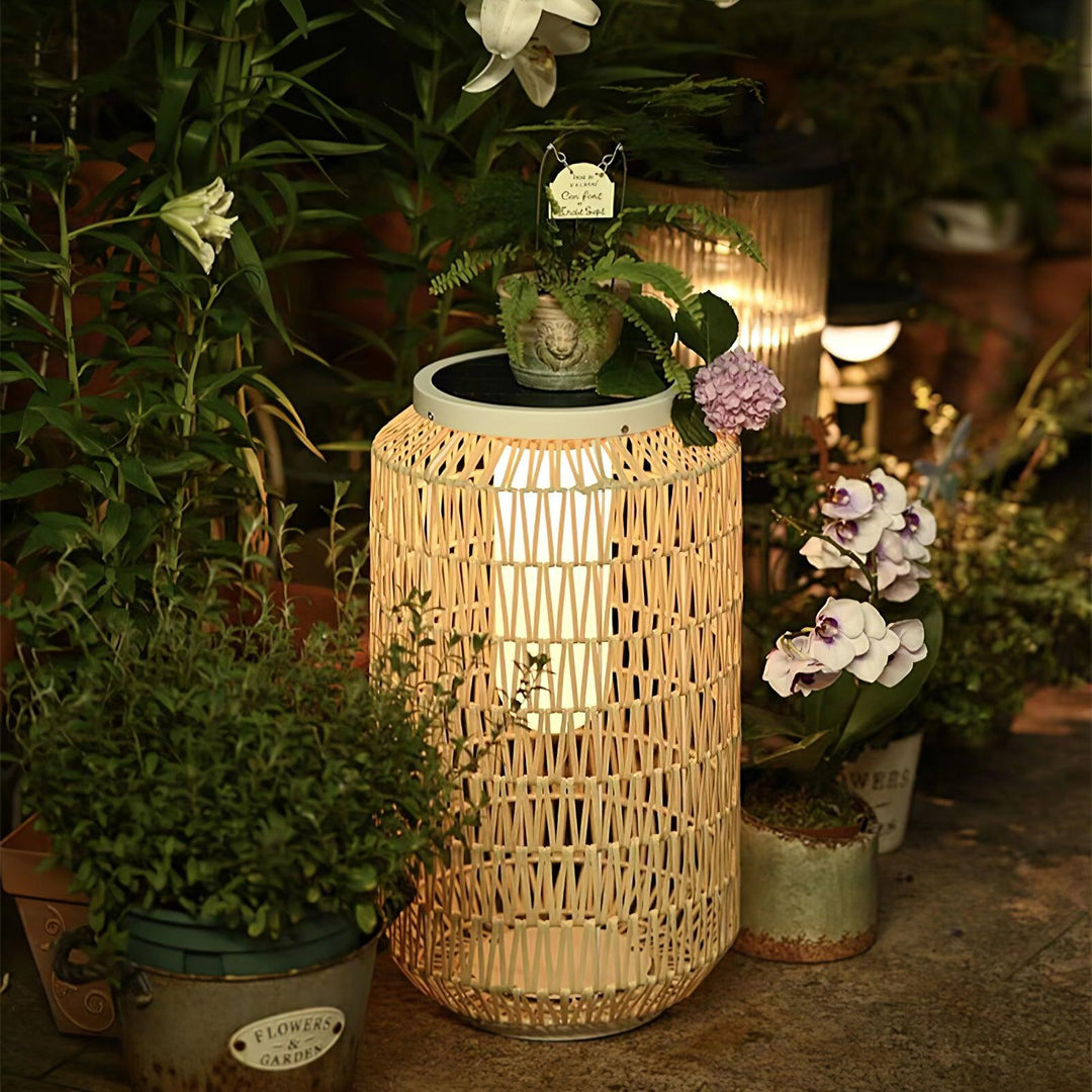 Front view of the large natural rattan lantern.