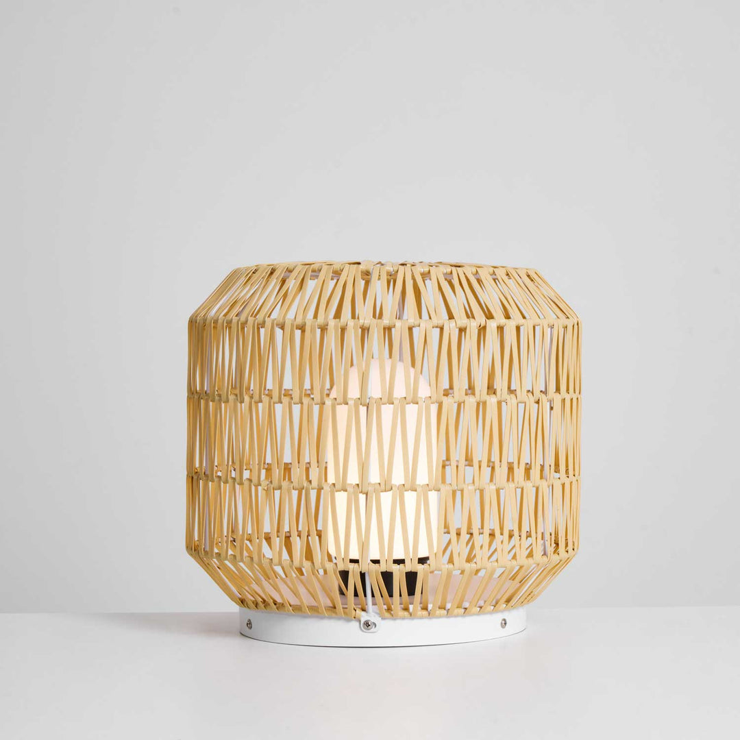 Full product shot of the Tulum Lantern in natural rattan.