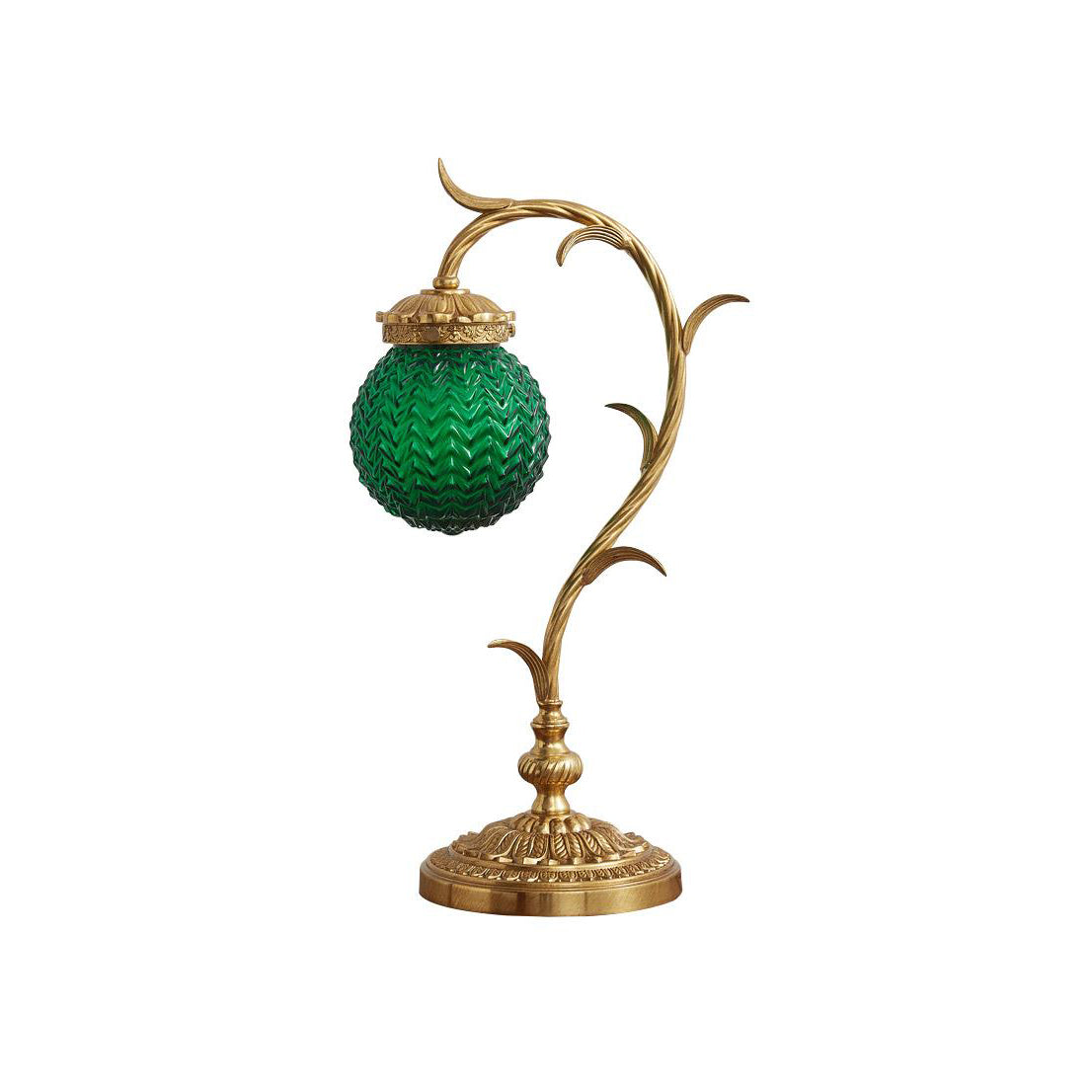 Turco Table Lamp with green glass shade and brass body.