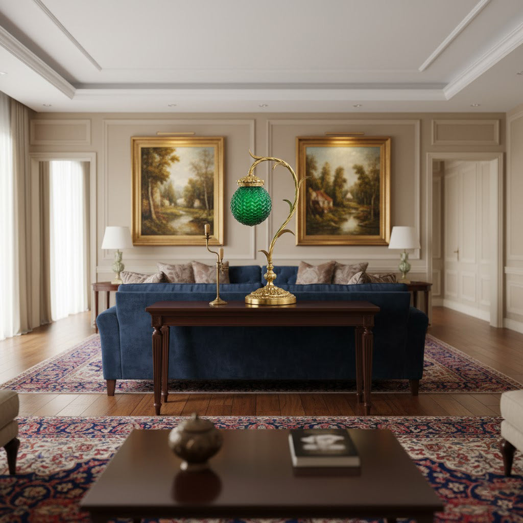Turco Table Lamp displayed on a side table in a living room.