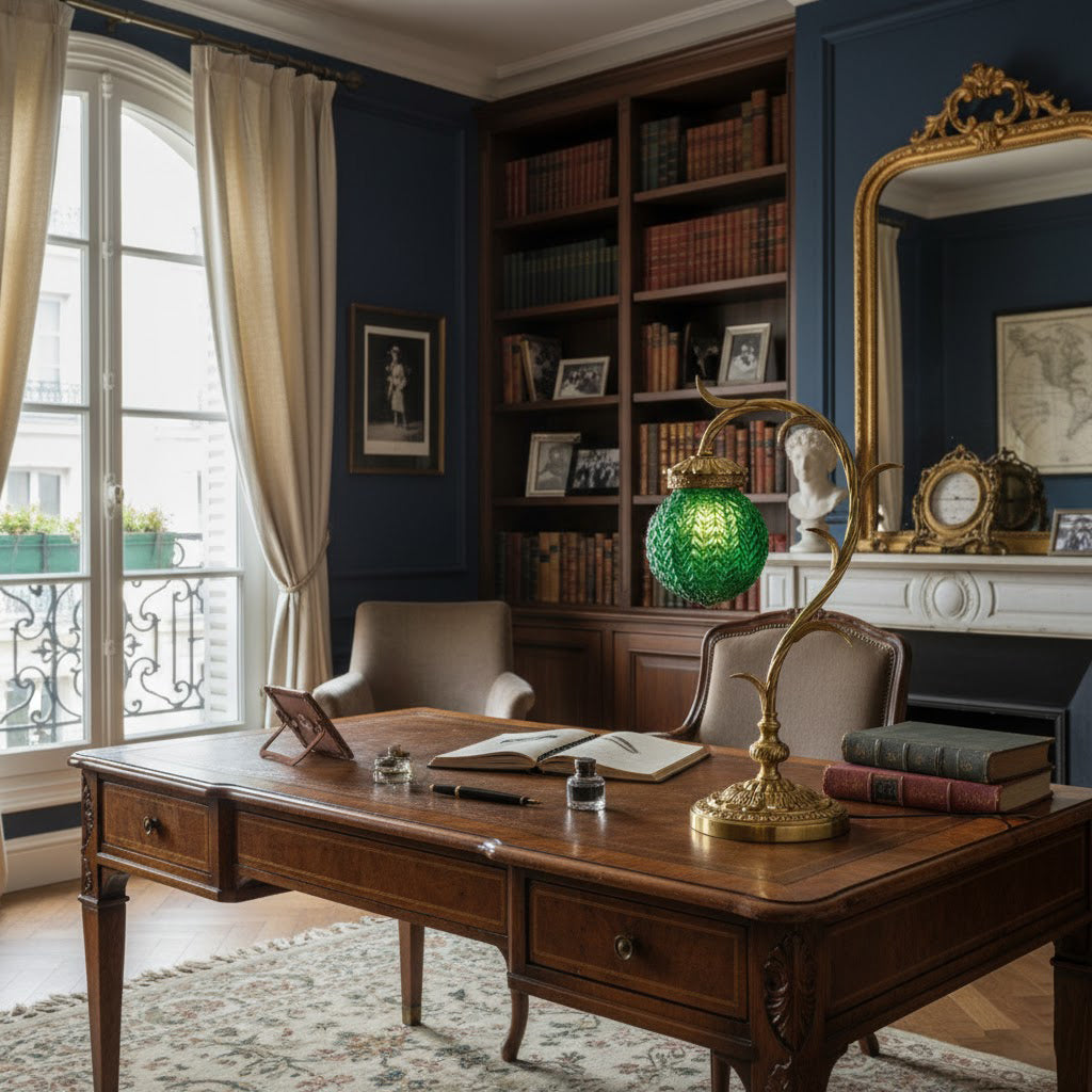 The Turco Table Lamp providing ambient light in a bedroom setting.