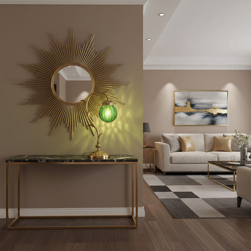 Turco Table Lamp shown in a study on a desk.