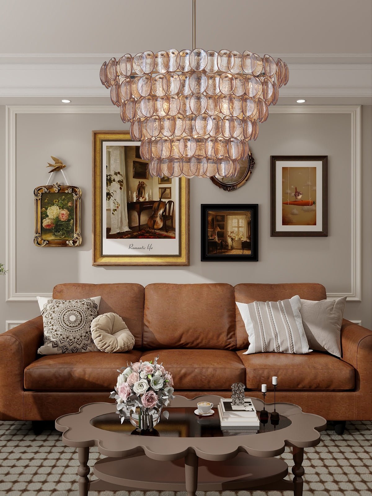 Aurora Chandelier Large Amber Glass Disc Fish Scale Brass-Neutral Decor