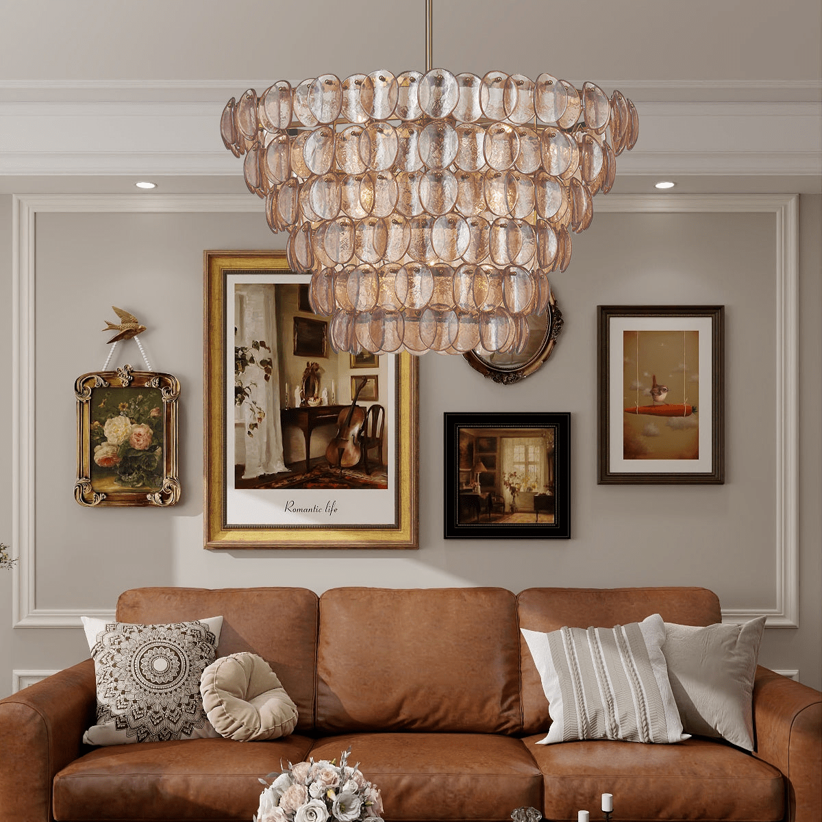 Aurora Chandelier Large Amber Glass Disc Fish Scale Brass-Neutral Decor
