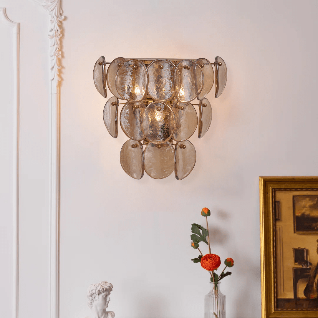 Aurora Wall Lamp Amber Glass Disc Fish Scale Brass-Neutral Decor