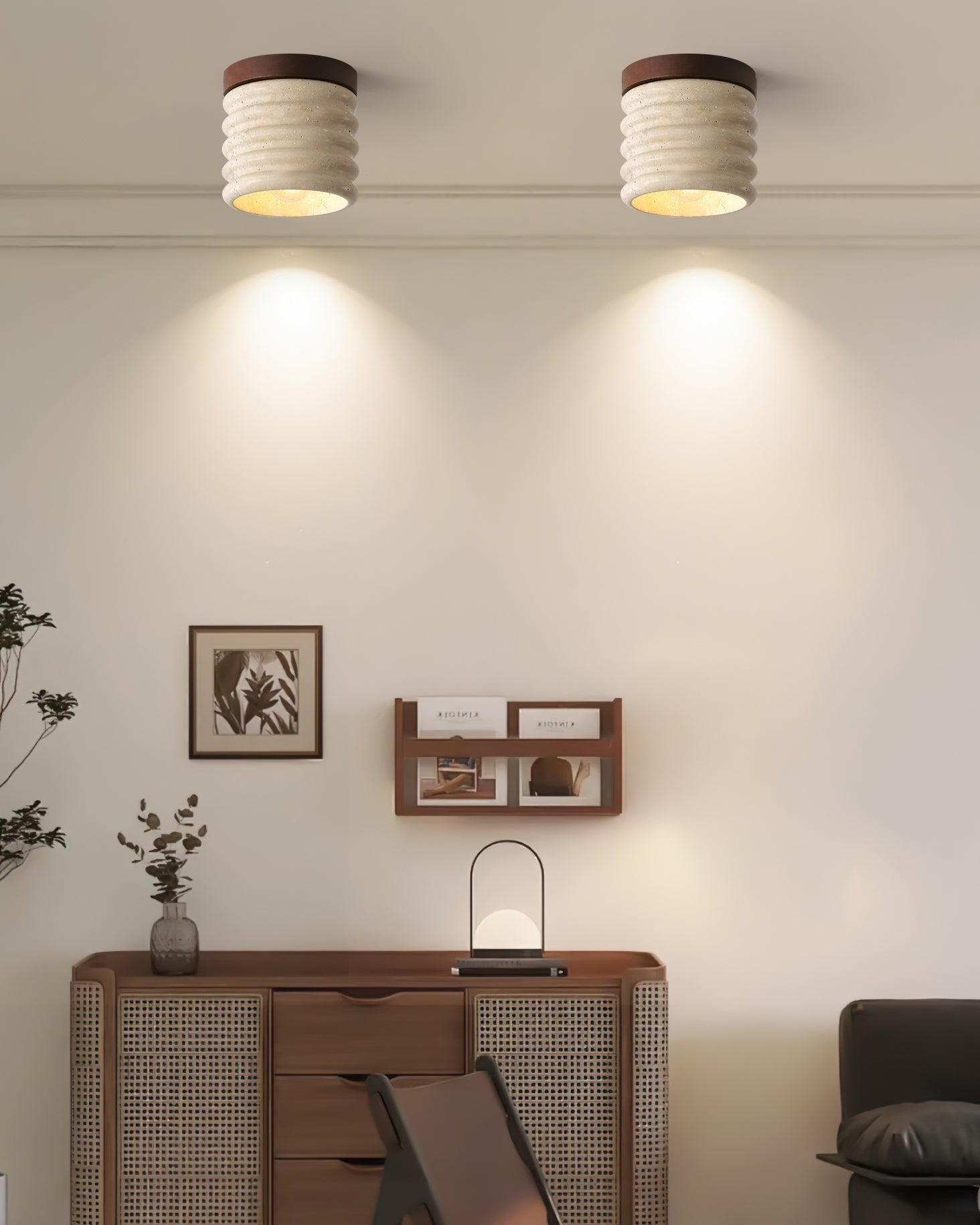 Neptune Travertine Ceiling Light  Ribbed Design