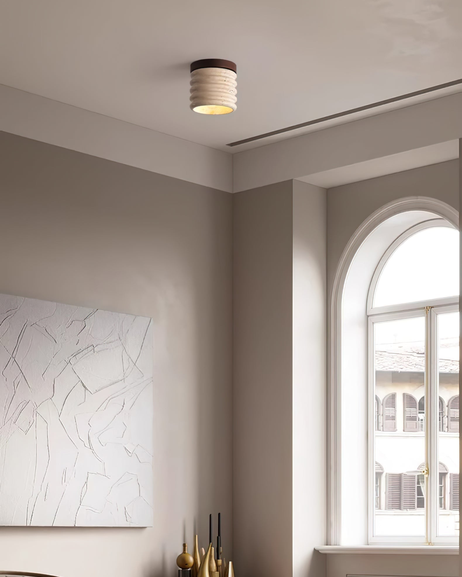 Neptune Travertine Ceiling Light  Ribbed Design