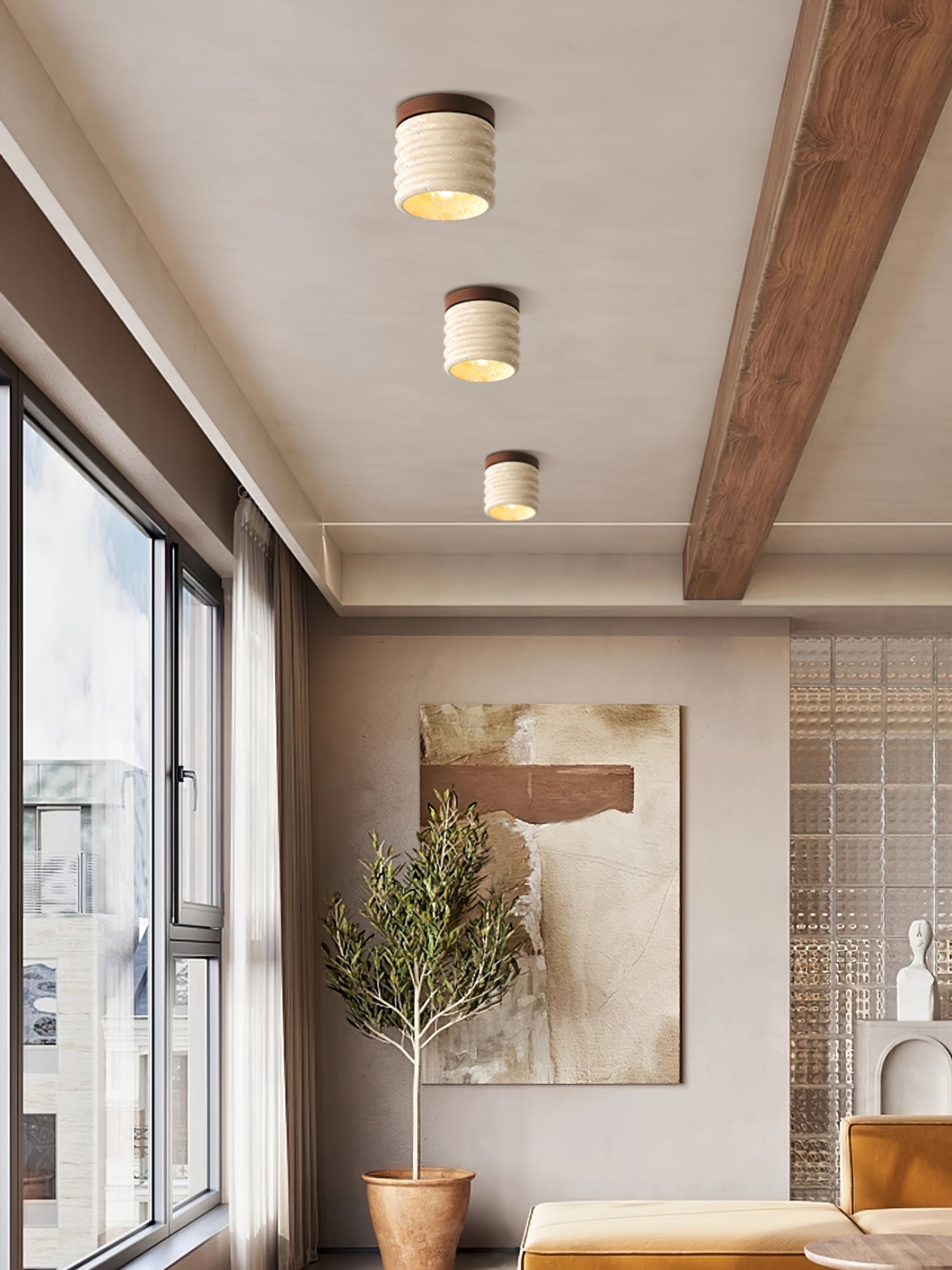 Neptune Travertine Ceiling Light  Ribbed Design