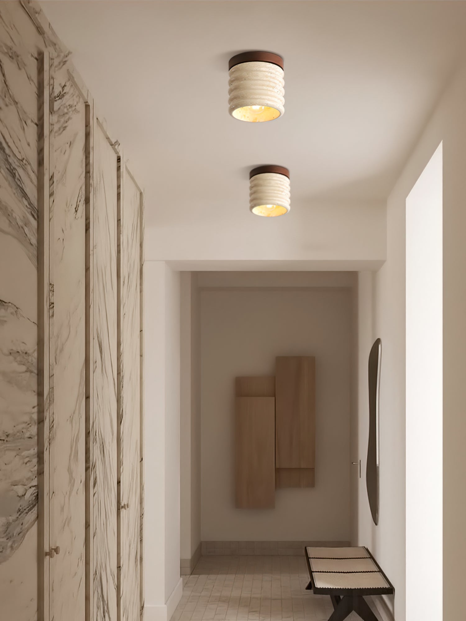 Neptune Travertine Ceiling Light  Ribbed Design