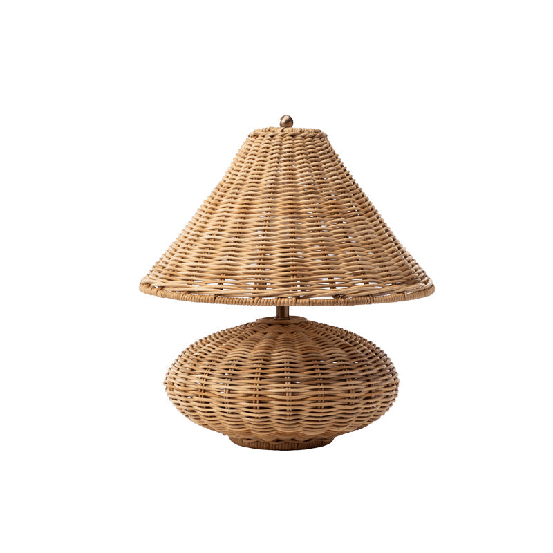 Angled view showcasing the depth and shape of the rattan shade.