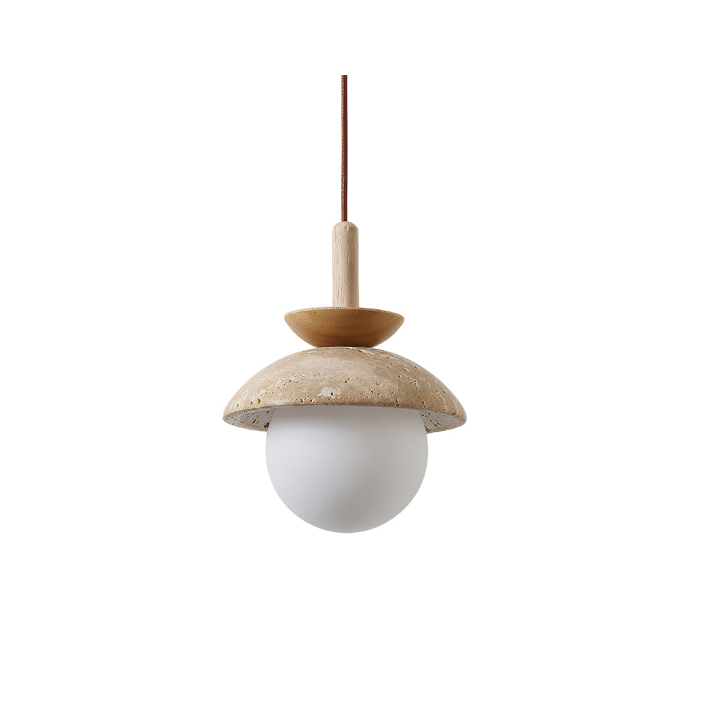Valerie Pendant Light in beige travertine and walnut wood finish.