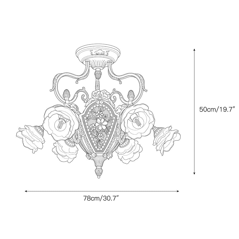 Close-up of the illuminated central etched-glass floral medallion.