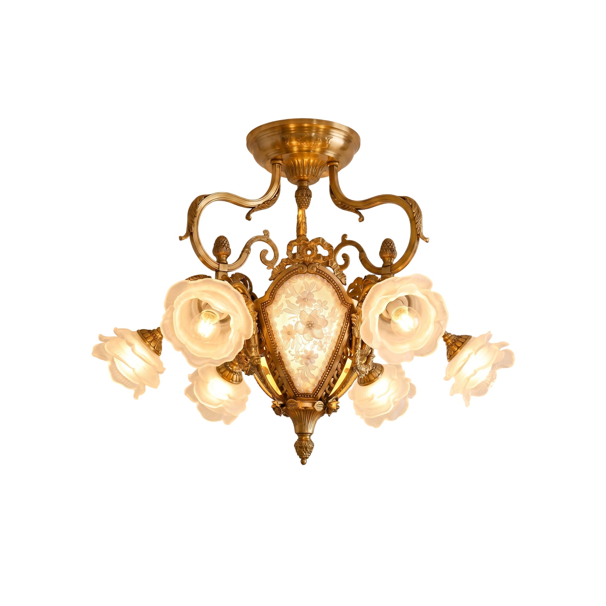 Gilded Age semi-flush mount light in a formal dining room setting.