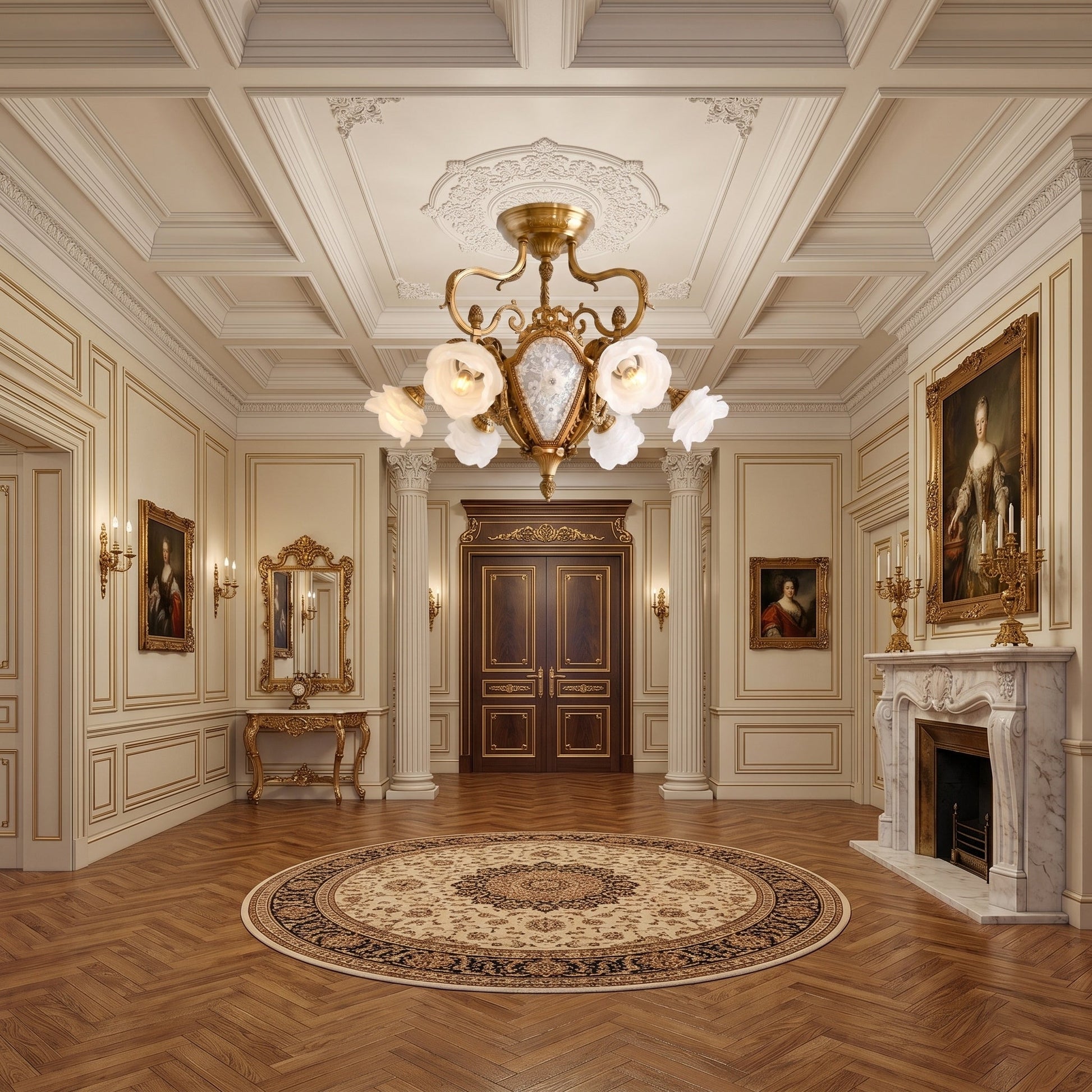 Angled view highlighting the scrolled brass arms and acorn finials.