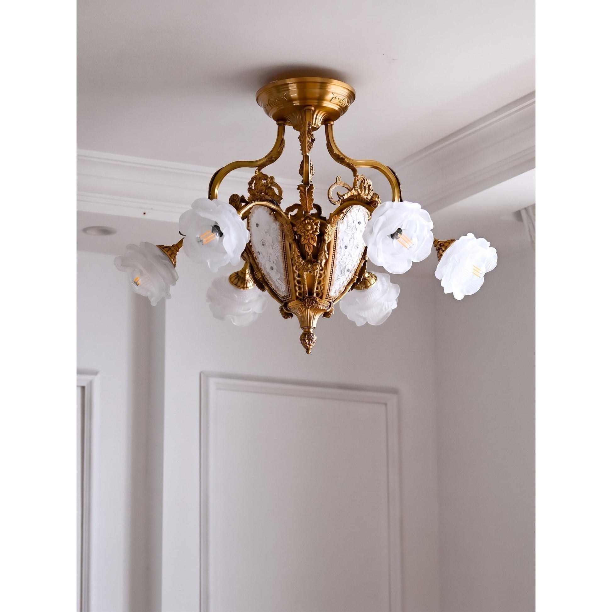 View from below of the semi-flush mount, showing all seven light sources.