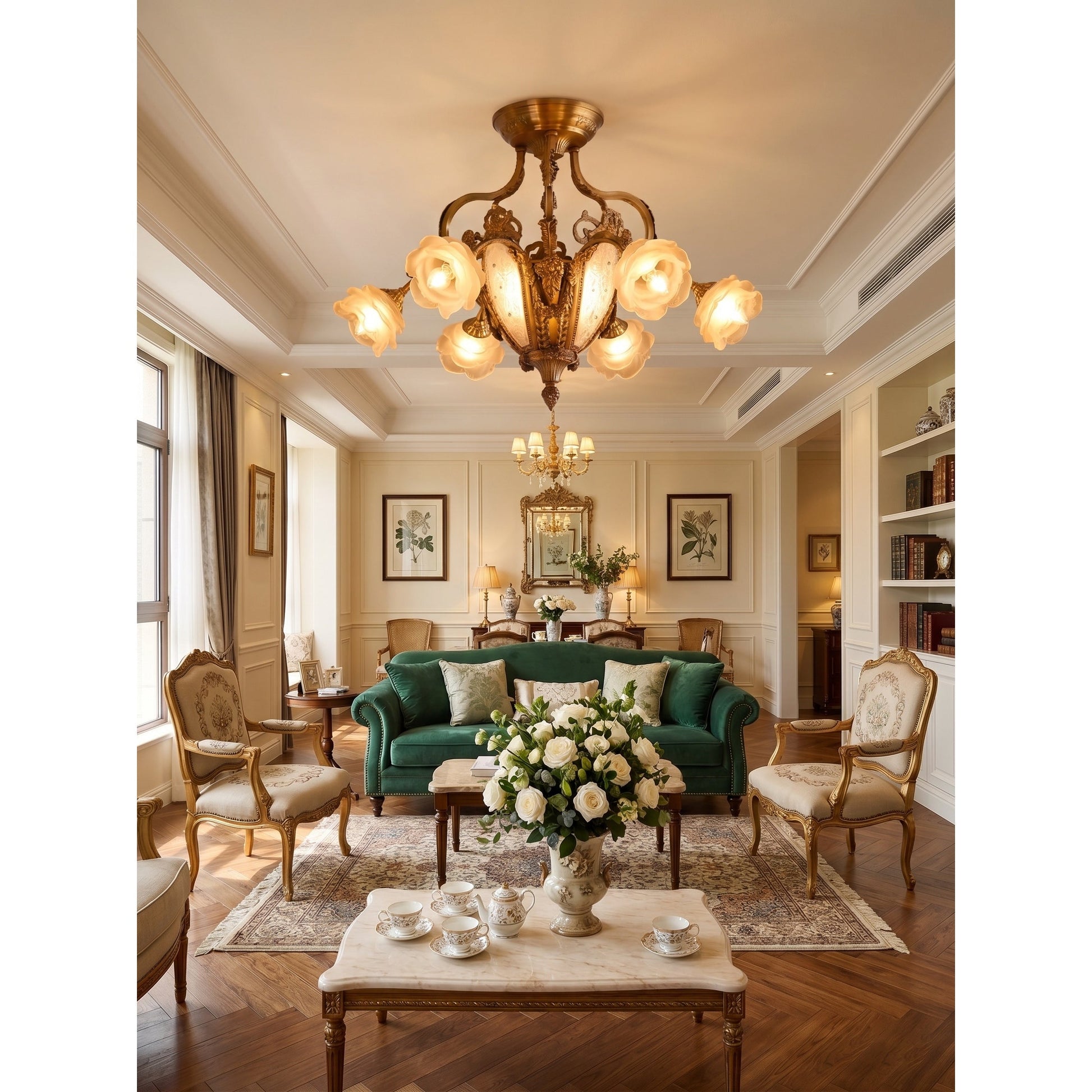 The light fixture installed in a grand entryway with traditional decor.