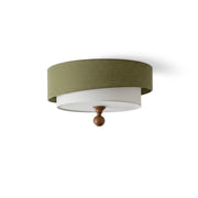Vanelia Ceiling Lamp with green fabric shade and wood detail.