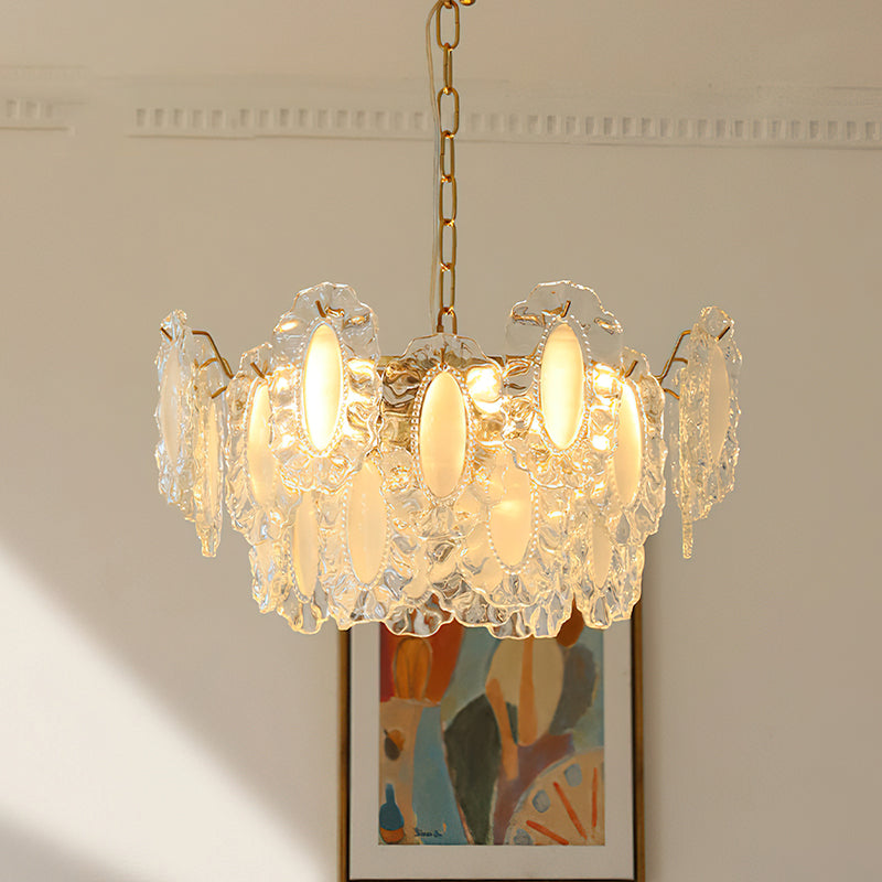 Close-up of the hand-finished textured glass panels on the Varvara Chandelier.