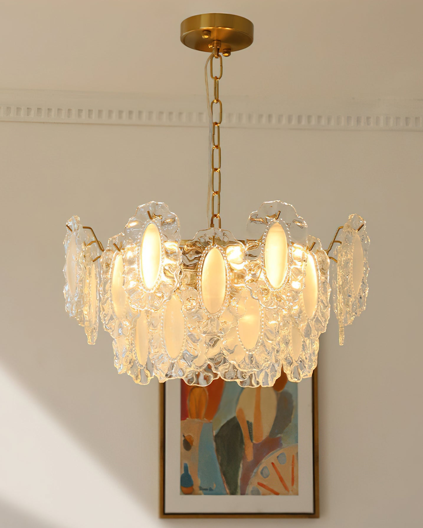 View from below the Varvara Chandelier, highlighting its structure and E14 bulb bases.