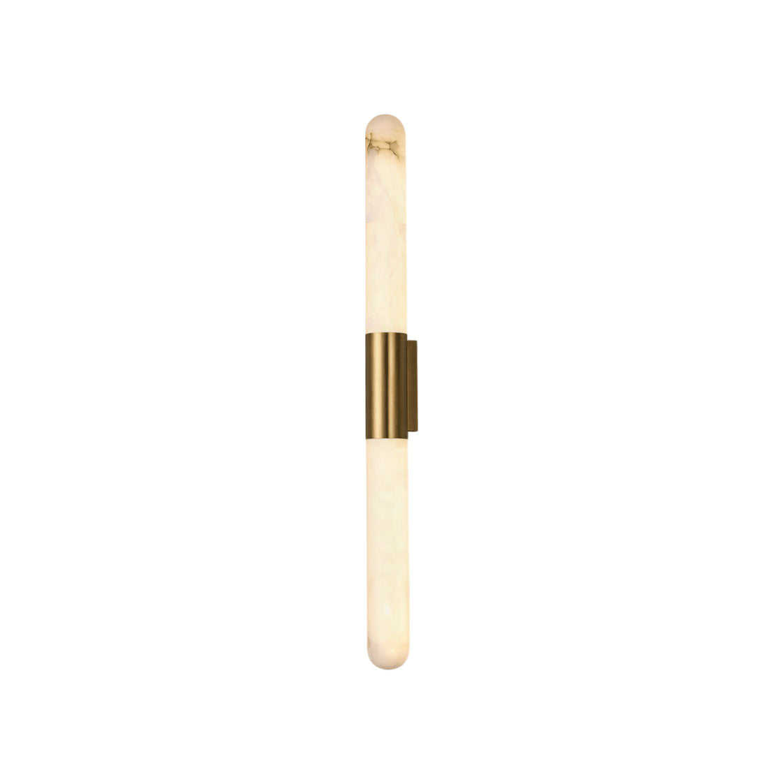 Velin alabaster tube wall sconce with gold cuff against a neutral wall.