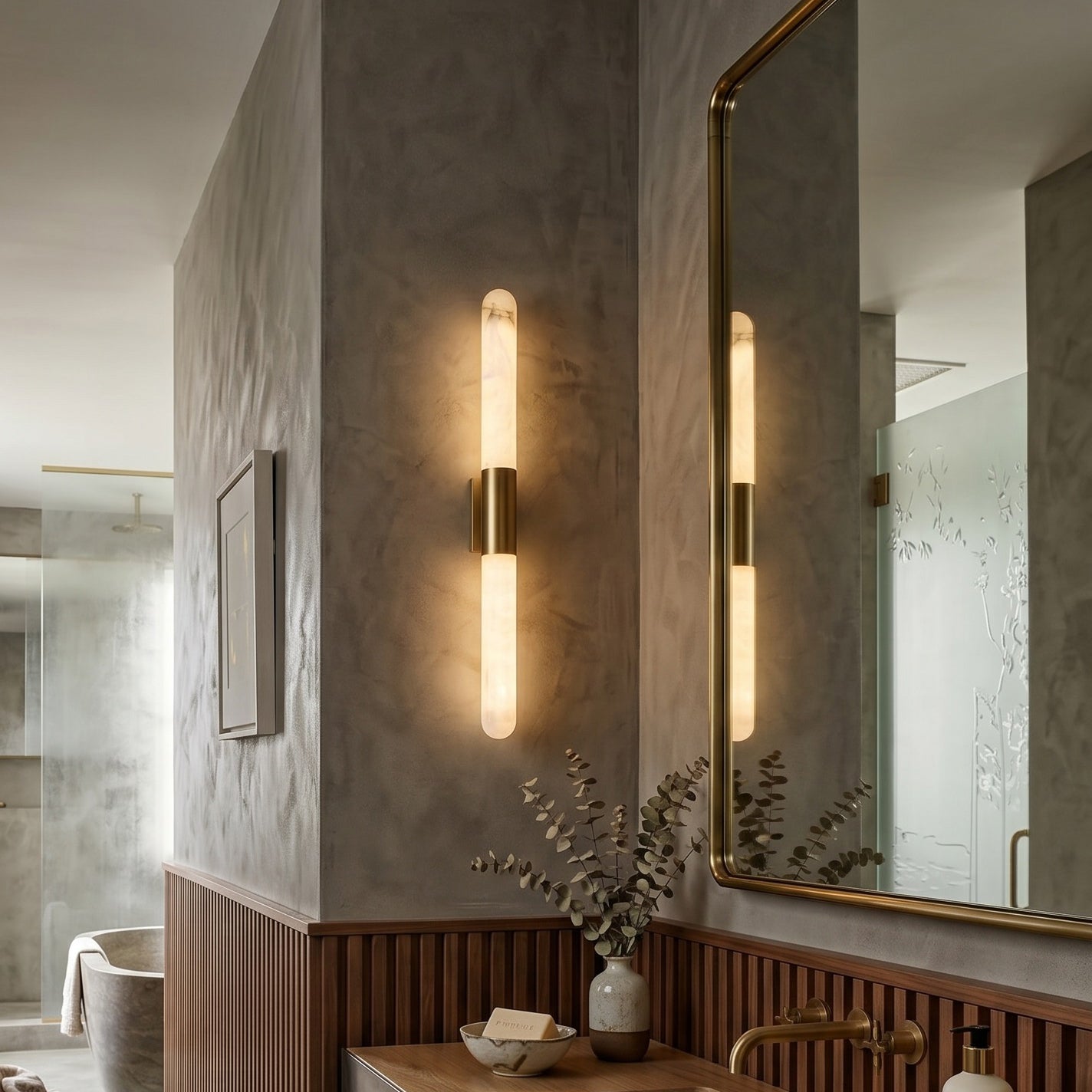 Close-up of the Velin wall sconce, highlighting the natural veining of the alabaster.