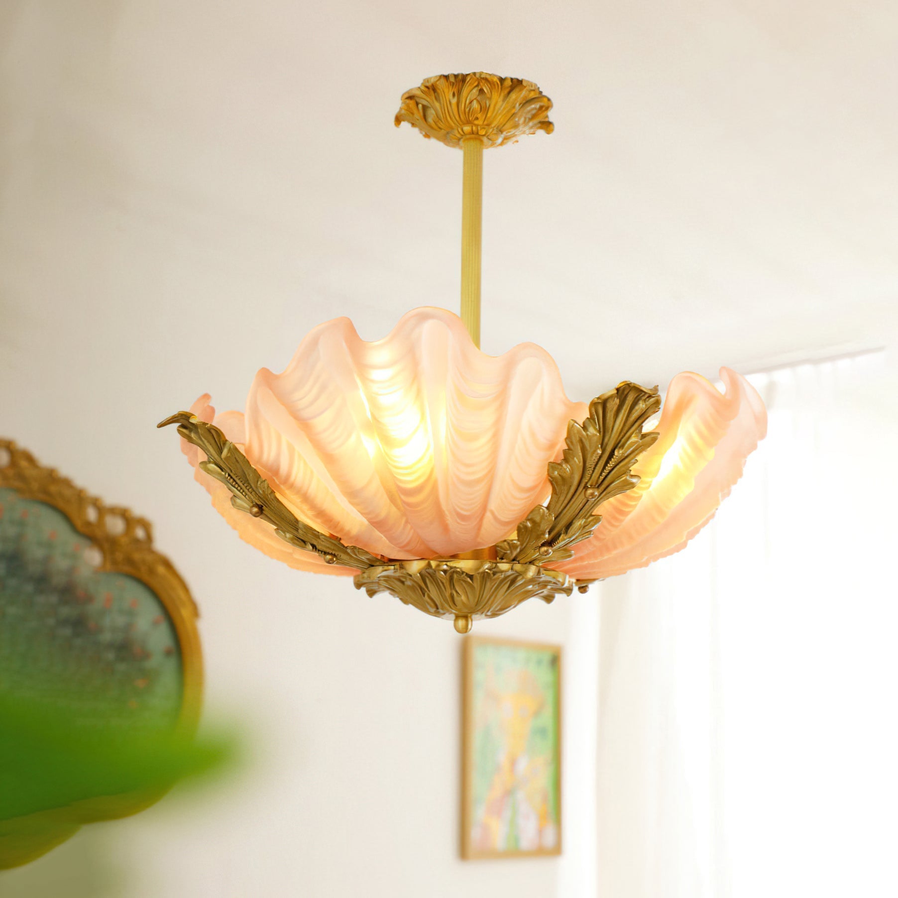 Close-up of the frosted glass shell-shaped shade.