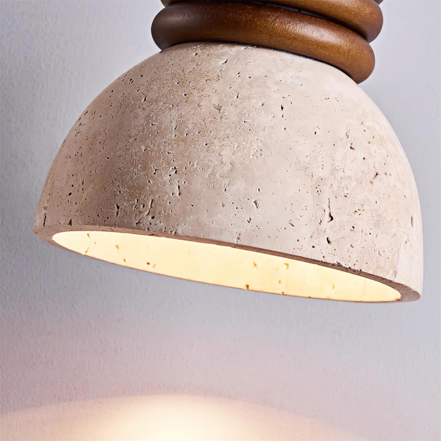 Pendant Lamp Travertine Dome Walnut Wood Rings Ambient Minimalist