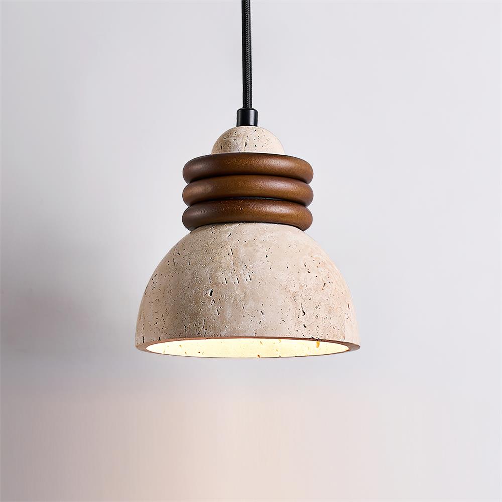 Pendant Lamp Travertine Dome Walnut Wood Rings Ambient Minimalist