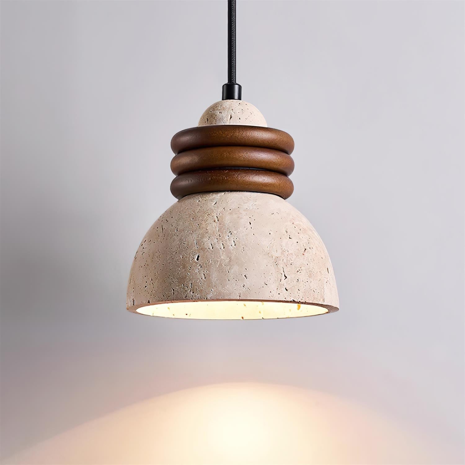 Pendant Lamp Travertine Dome Walnut Wood Rings Ambient Minimalist