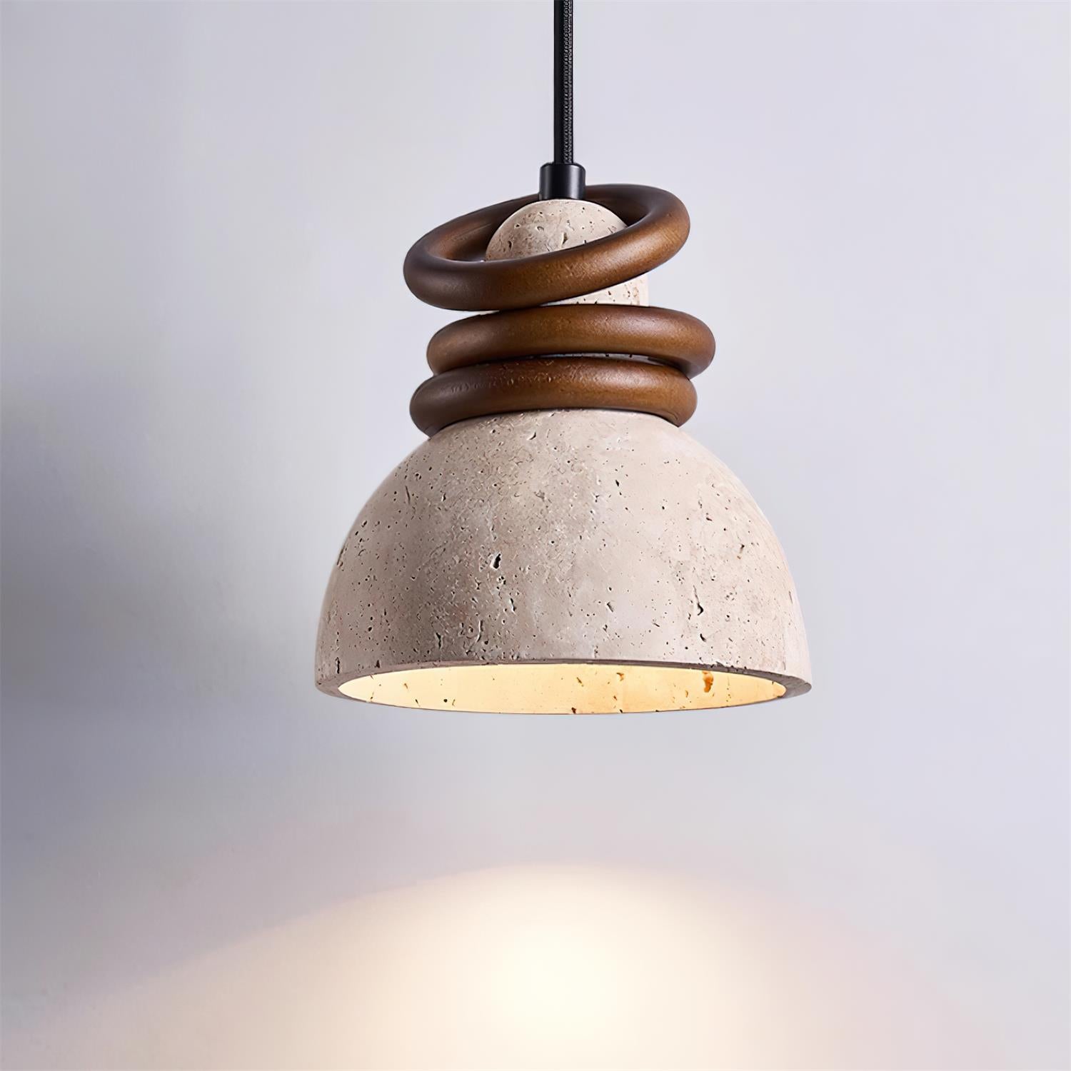 Pendant Lamp Travertine Dome Walnut Wood Rings Ambient Minimalist