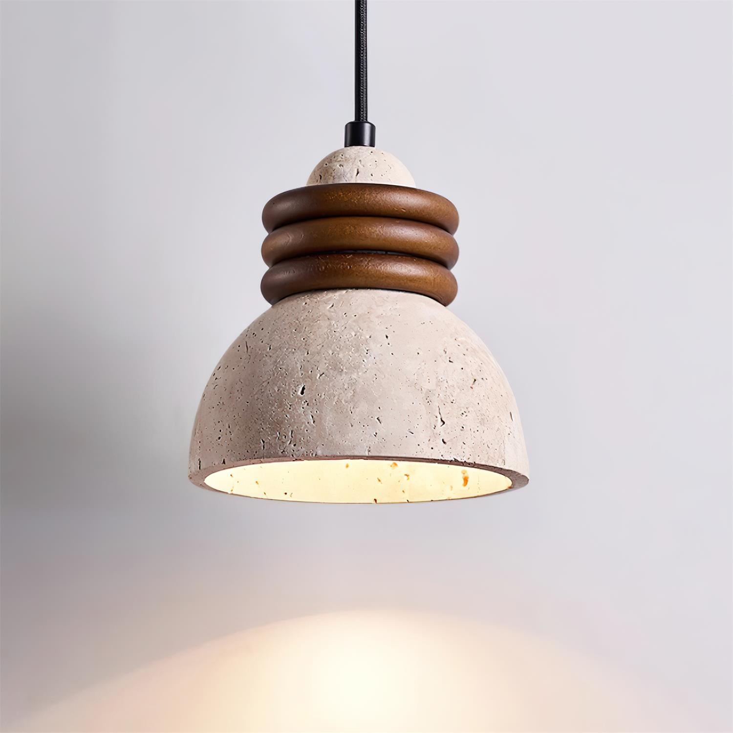 Pendant Lamp Travertine Dome Walnut Wood Rings Ambient Minimalist