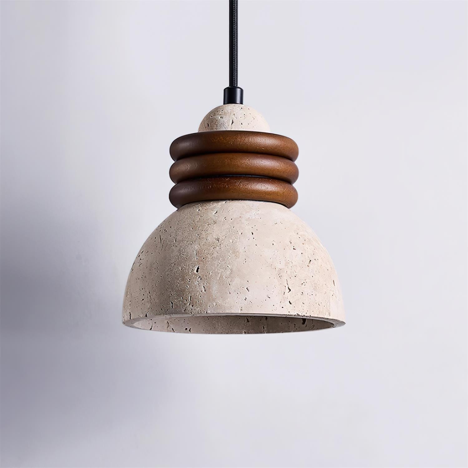 Pendant Lamp Travertine Dome Walnut Wood Rings Ambient Minimalist