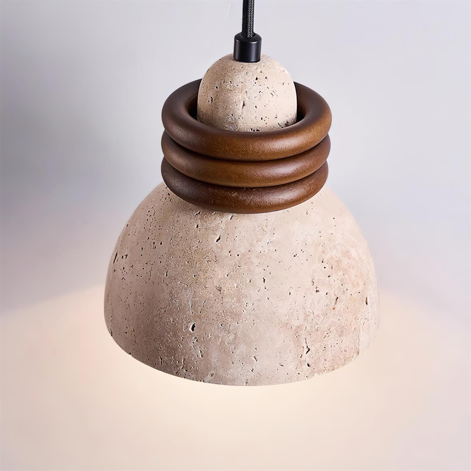 Pendant Lamp Travertine Dome Walnut Wood Rings Ambient Minimalist