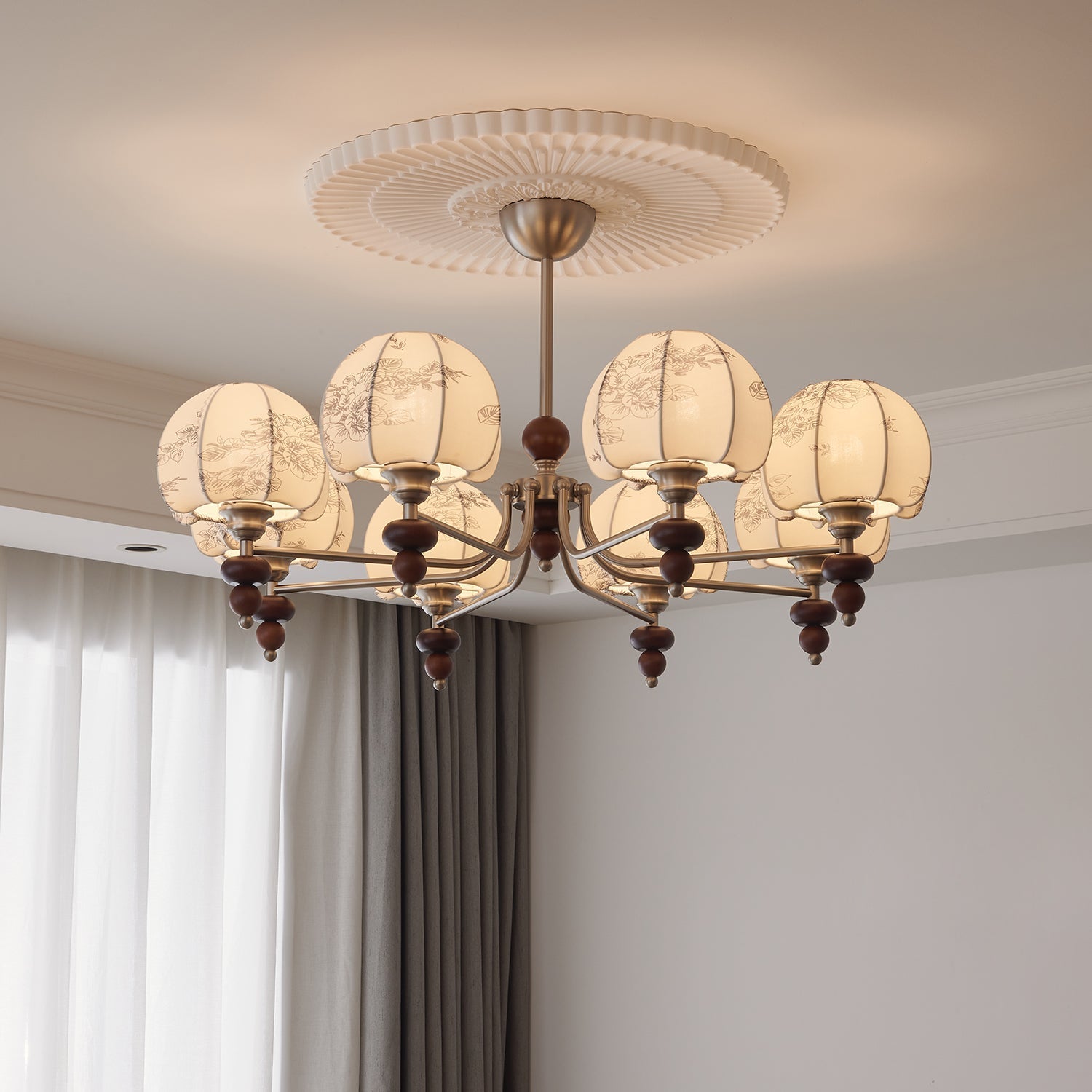 Comirisra Premium Traditional Petal Fabric Wood Chandelier-Neutral Decor