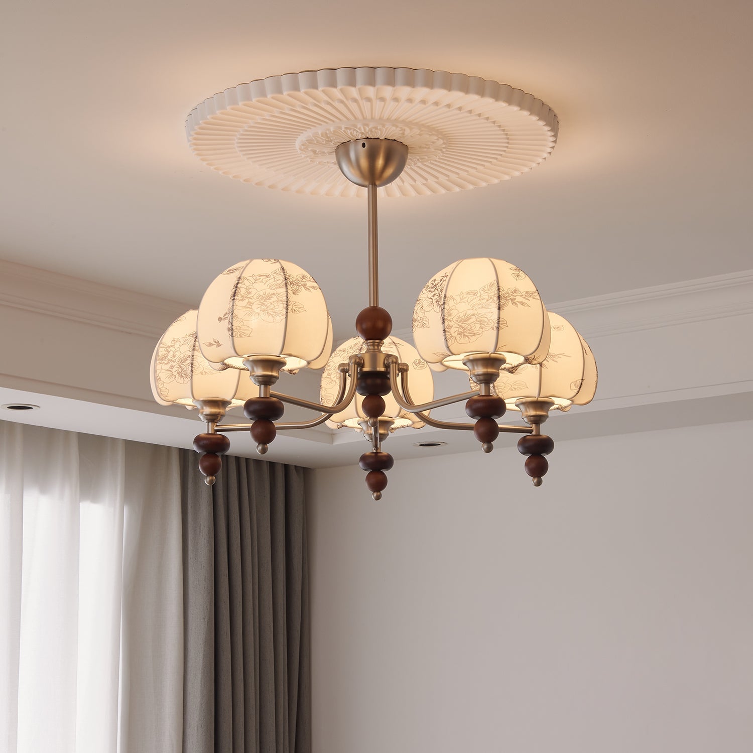 Comirisra Premium Traditional Petal Fabric Wood Chandelier-Neutral Decor