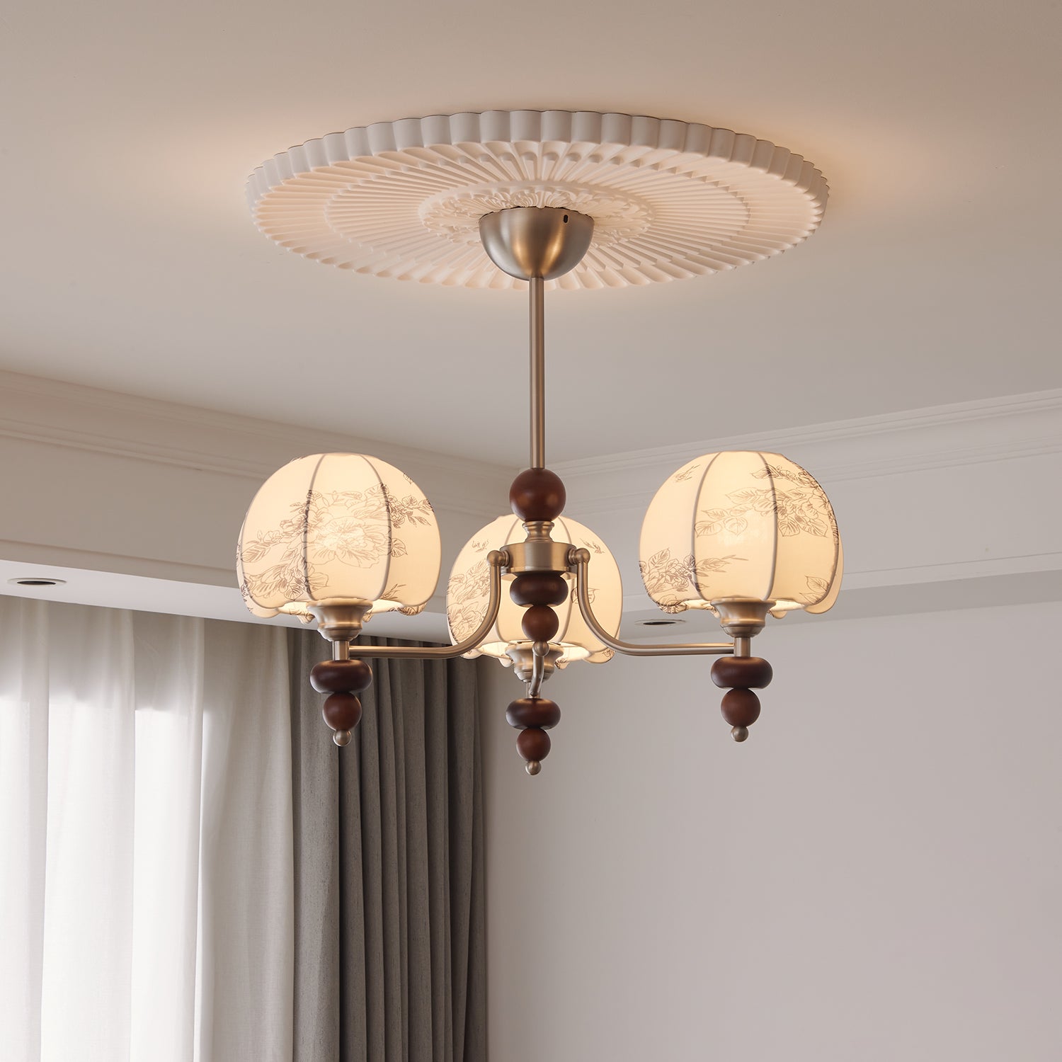 Comirisra Premium Traditional Petal Fabric Wood Chandelier-Neutral Decor