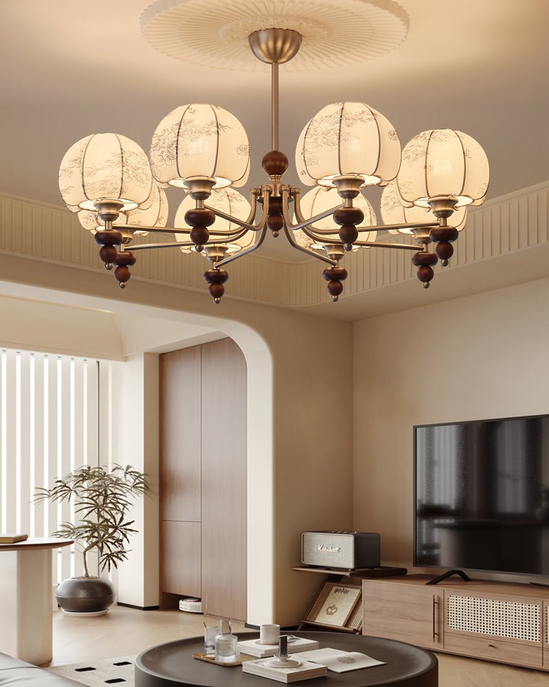 Comirisra Premium Traditional Petal Fabric Wood Chandelier-Neutral Decor
