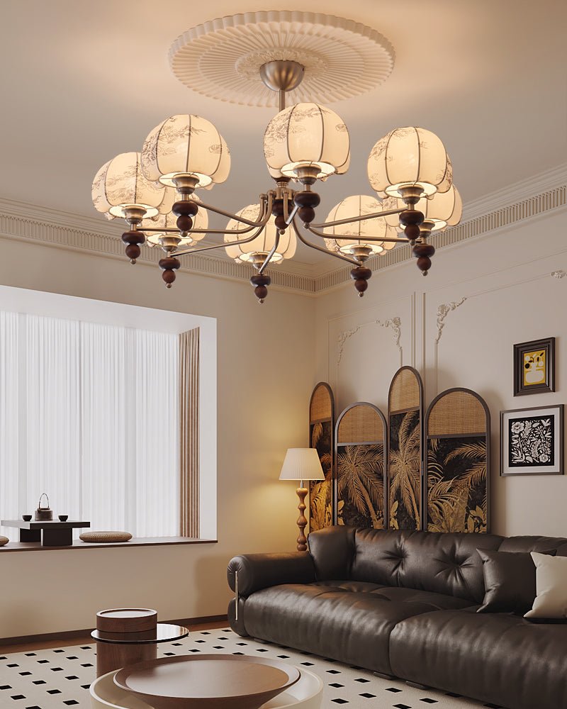 Comirisra Premium Traditional Petal Fabric Wood Chandelier-Neutral Decor