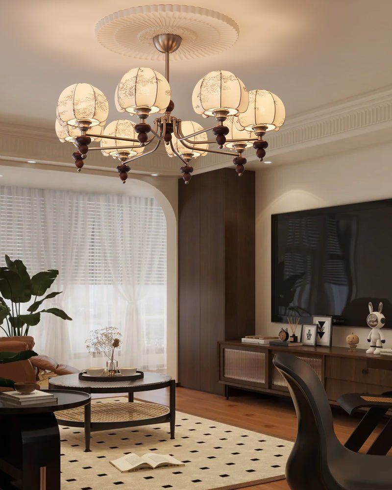 Comirisra Premium Traditional Petal Fabric Wood Chandelier-Neutral Decor