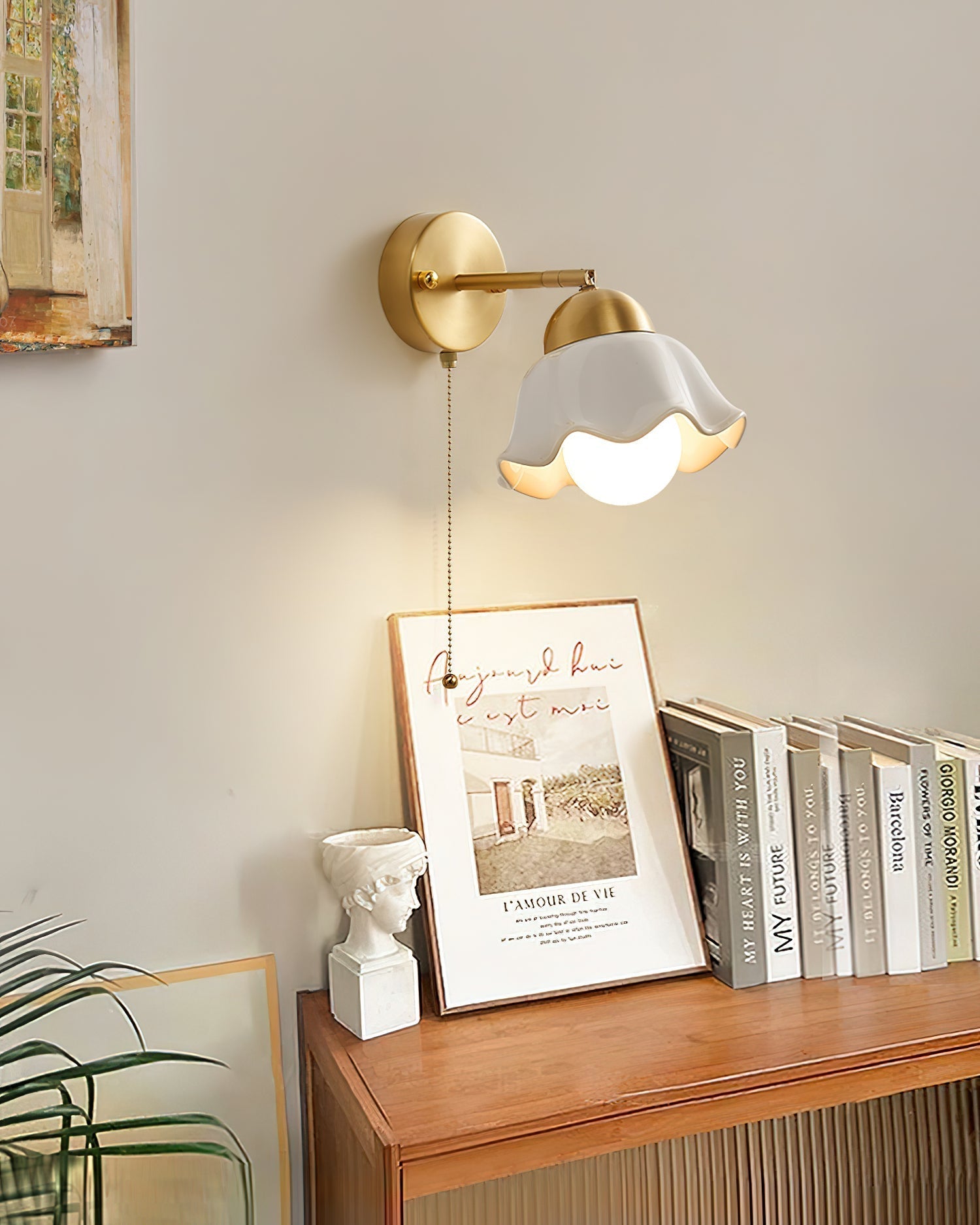 Wall Lamp Brass and Ceramic Wavy Shade Globe Accent Retro Artistic