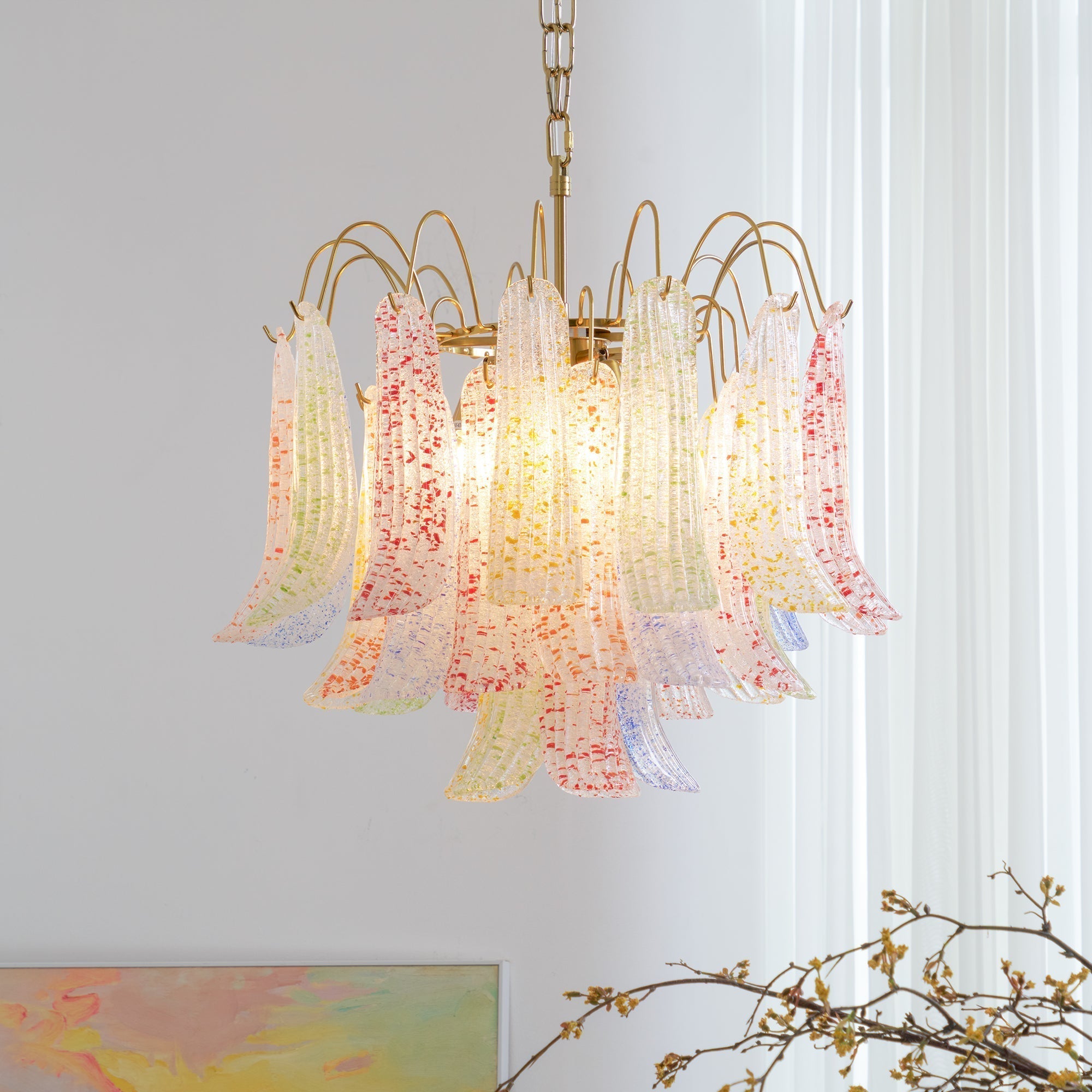 Chandelier Glass Petals Metal Frame Colorful Artistic Ambience