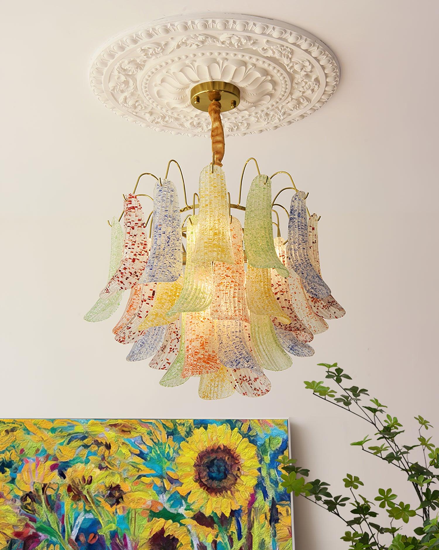 Chandelier Glass Petals Metal Frame Colorful Artistic Ambience