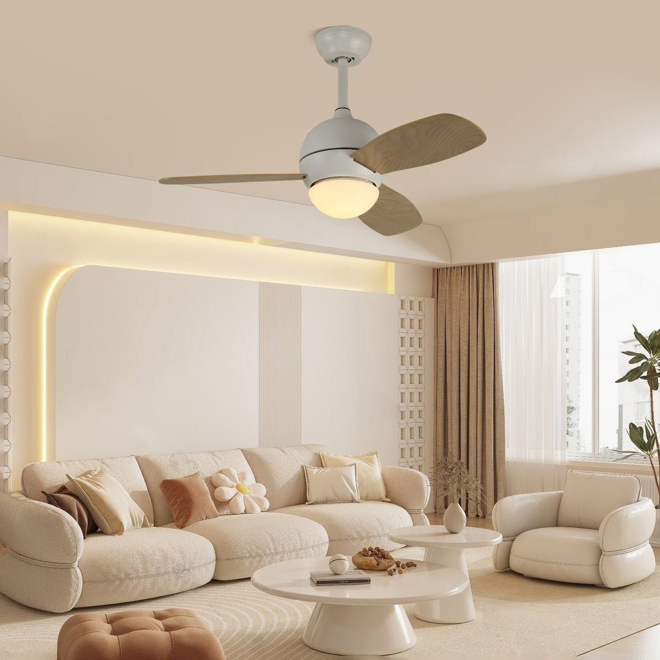 Nerina Minimalist White Wood Ceiling Fan Light-Neutral Decor